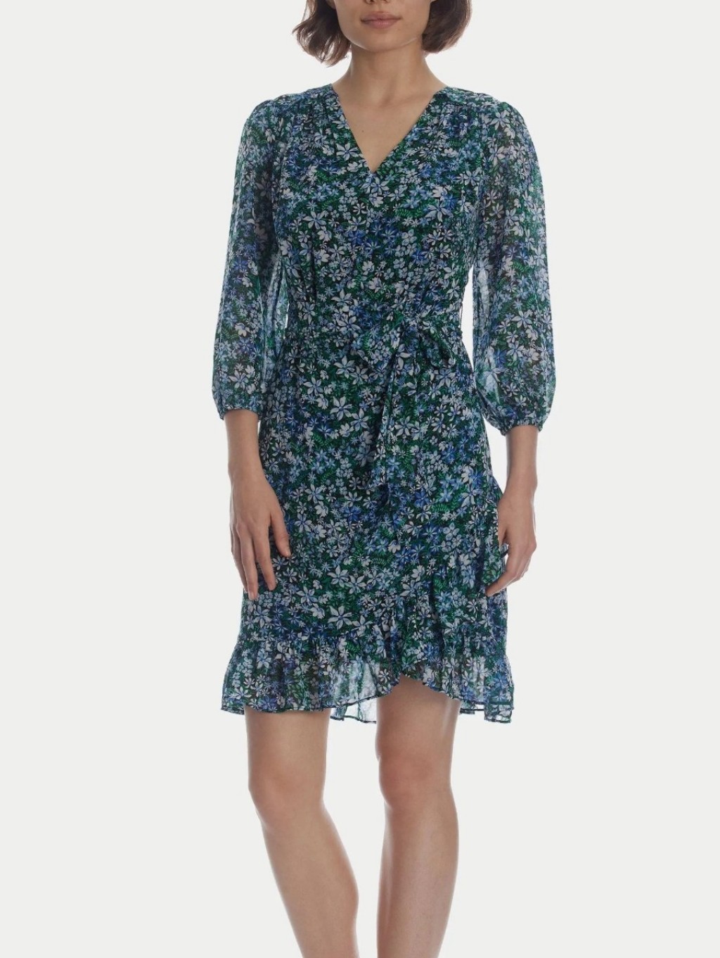 Karl Lagerfeld Paris Floral Print Belted Tie Waist Dress Blue Ruffle Â¾ Sleeve 10